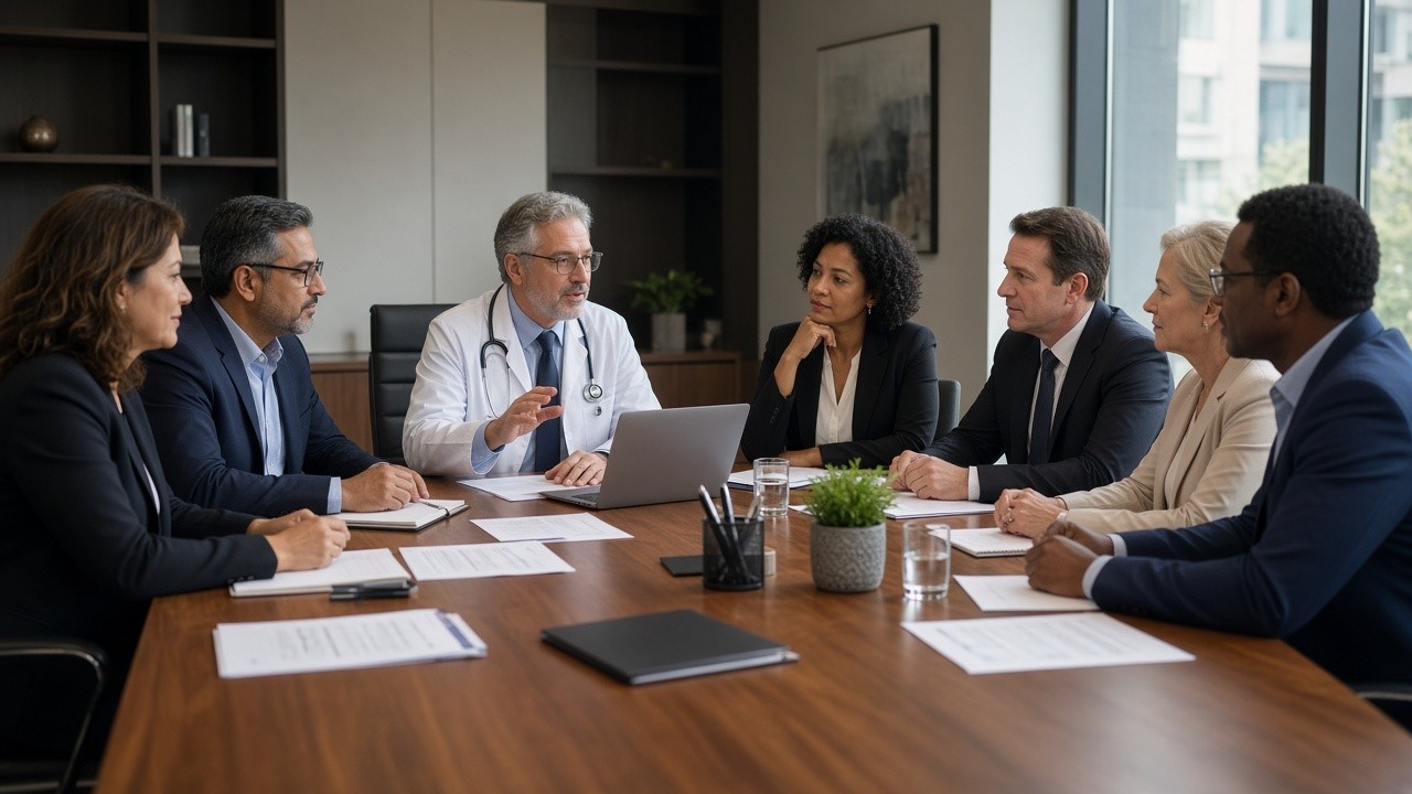 Hospital boardroom with CMO and administrators