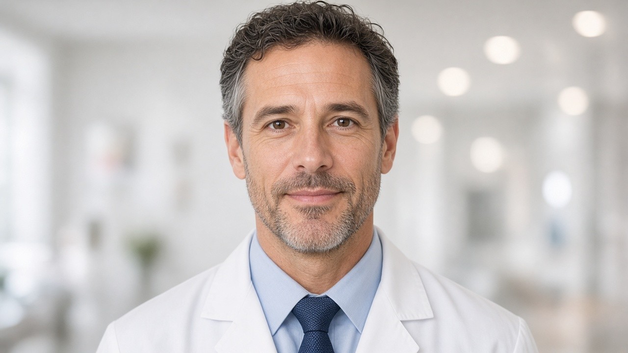 Physician in white coat looking at camera